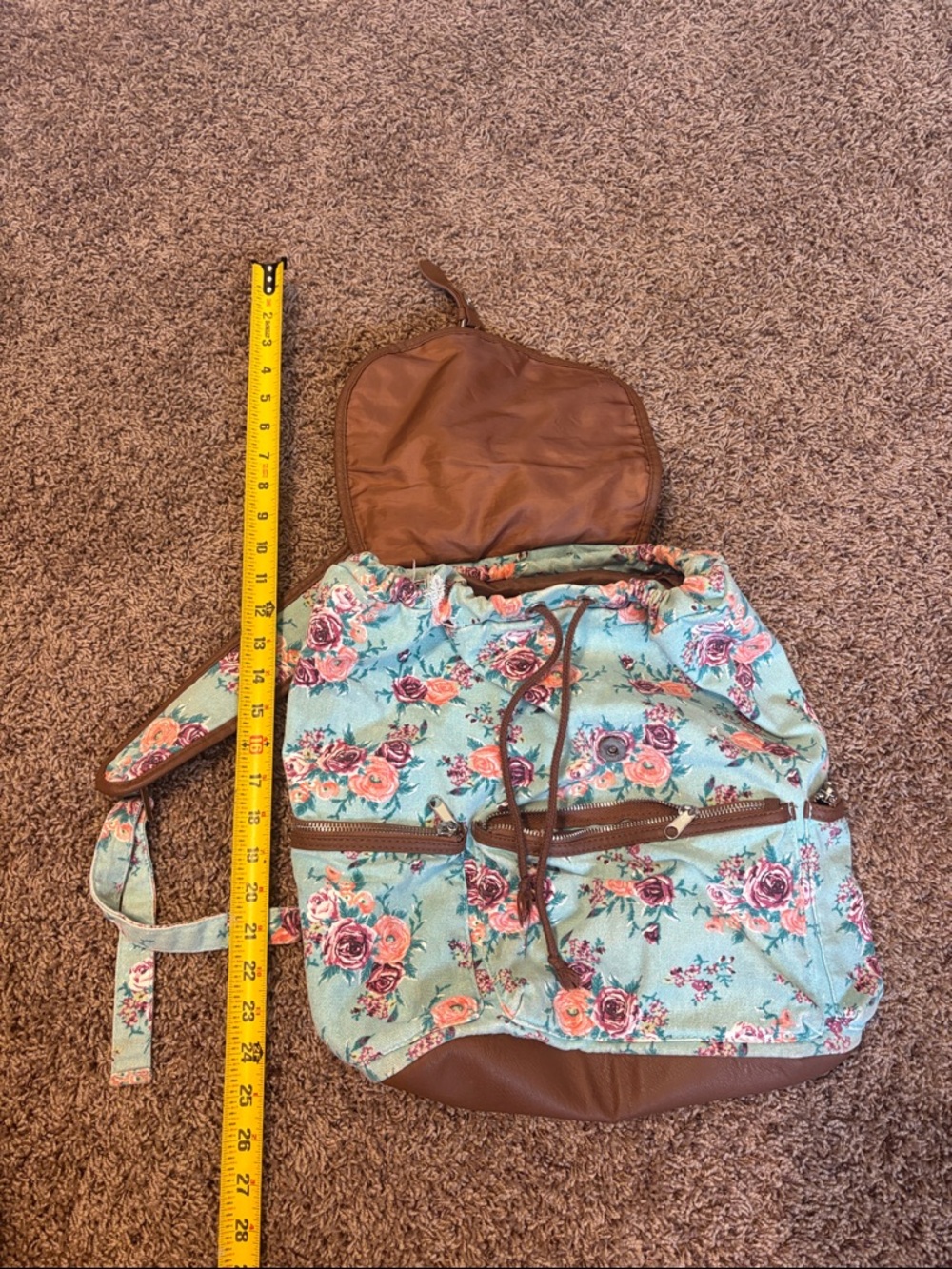 Floral Drawstring Backpack with Brown Trim